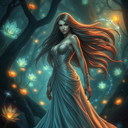 A captivating and artistic portrayal of a fantasy landscape featuring a powerful female figure with long, flowing hair, dressed in an elegant, shimmering gown