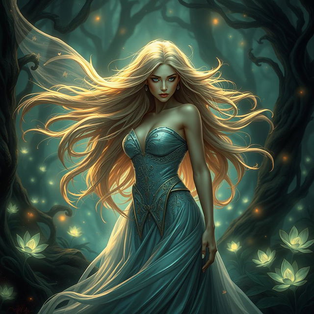 A captivating and artistic portrayal of a fantasy landscape featuring a powerful female figure with long, flowing hair, dressed in an elegant, shimmering gown