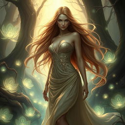 A captivating and artistic portrayal of a fantasy landscape featuring a powerful female figure with long, flowing hair, dressed in an elegant, shimmering gown