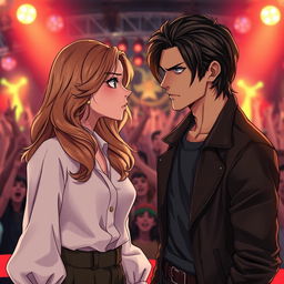 A scene in realistic anime style featuring a 19-year-old young woman with light brown hair falling in soft waves to her shoulders and a young man with dark, slightly long hair