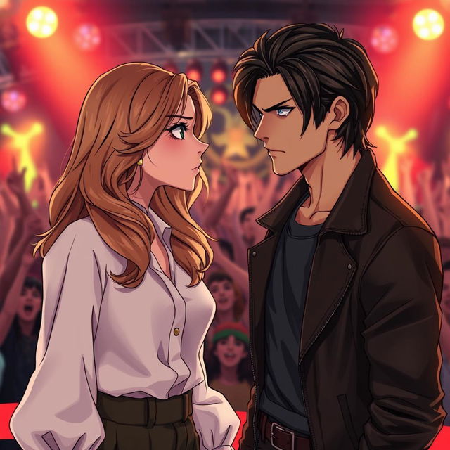 A scene in realistic anime style featuring a 19-year-old young woman with light brown hair falling in soft waves to her shoulders and a young man with dark, slightly long hair