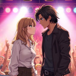 A scene in realistic anime style featuring a 19-year-old young woman with light brown hair falling in soft waves to her shoulders and a young man with dark, slightly long hair