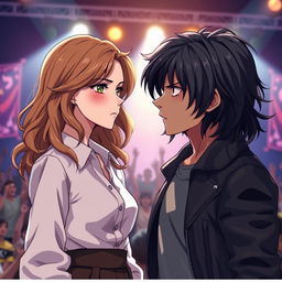 A scene in realistic anime style featuring a 19-year-old young woman with light brown hair falling in soft waves to her shoulders and a young man with dark, slightly long hair