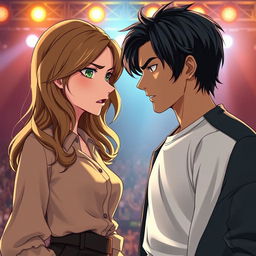 A scene in realistic anime style featuring a 19-year-old young woman with light brown hair falling in soft waves to her shoulders and a young man with dark, slightly long hair