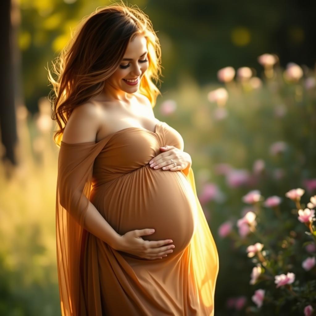 A busty pregnant woman in a serene outdoor setting, dressed in a flowing, elegant maternity dress that highlights her curves