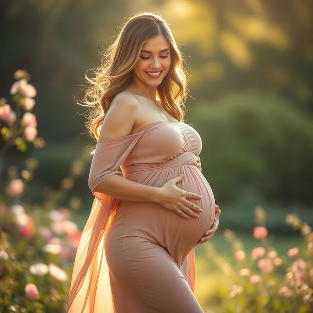 A busty pregnant woman in a serene outdoor setting, dressed in a flowing, elegant maternity dress that highlights her curves