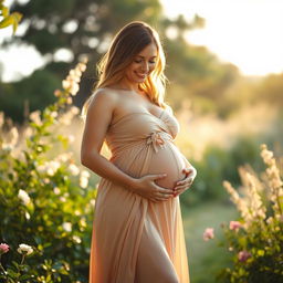 A busty pregnant woman in a serene outdoor setting, dressed in a flowing, elegant maternity dress that highlights her curves