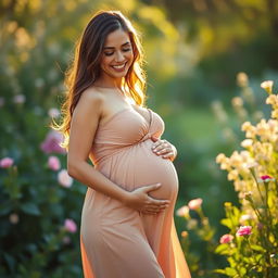 A busty pregnant woman in a serene outdoor setting, dressed in a flowing, elegant maternity dress that highlights her curves
