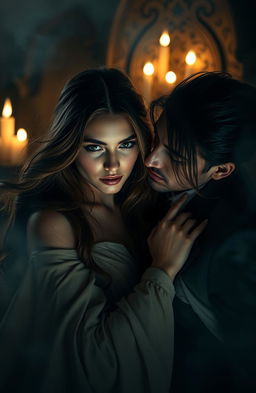 A romantic and mystical scene featuring a young woman with her eyes bound, expressing a mix of desire and intrigue