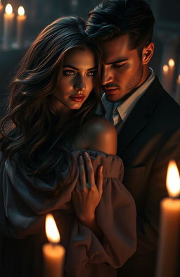 A romantic and mystical scene featuring a young woman with her eyes bound, expressing a mix of desire and intrigue