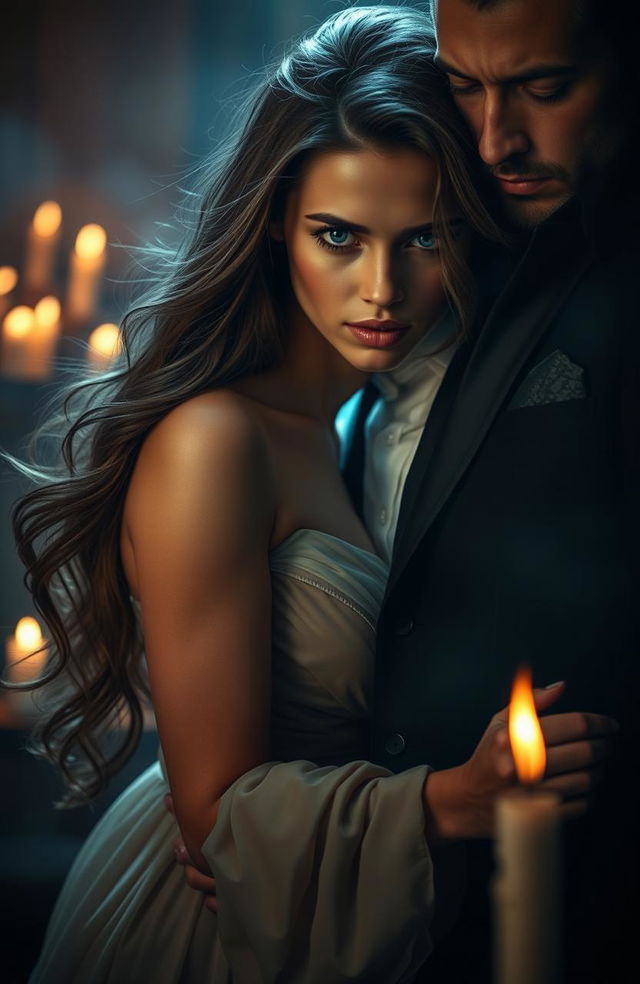 A romantic and mystical scene featuring a young woman with her eyes bound, expressing a mix of desire and intrigue