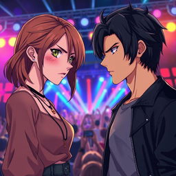 A scene in realistic anime style featuring a 19-year-old young woman with light brown hair falling softly to her shoulders and a 20-year-old young man with dark, slightly long hair