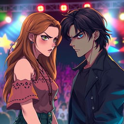 A scene in realistic anime style featuring a 19-year-old young woman with light brown hair falling softly to her shoulders and a 20-year-old young man with dark, slightly long hair