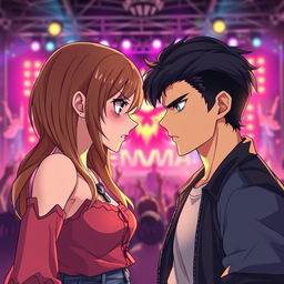 A scene in realistic anime style featuring a 19-year-old young woman with light brown hair falling softly to her shoulders and a 20-year-old young man with dark, slightly long hair