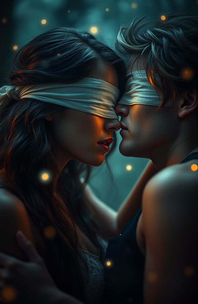 A captivating and mysterious scene featuring a young woman and man in an intimate setting, the woman has her eyes blindfolded, symbolizing trust and desire