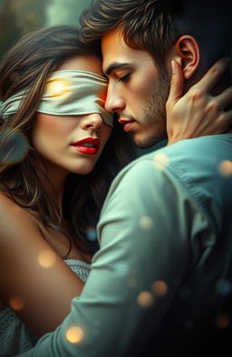 A captivating and mysterious scene featuring a young woman and man in an intimate setting, the woman has her eyes blindfolded, symbolizing trust and desire