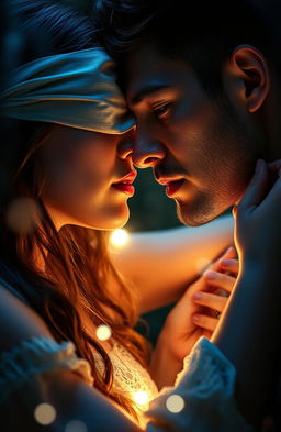 A captivating and mysterious scene featuring a young woman and man in an intimate setting, the woman has her eyes blindfolded, symbolizing trust and desire