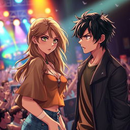 A dynamic scene in realistic anime style featuring a 19-year-old young woman with flowing light brown hair and a 20-year-old young man with dark, slightly tousled hair