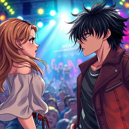 A dynamic scene in realistic anime style featuring a 19-year-old young woman with flowing light brown hair and a 20-year-old young man with dark, slightly tousled hair