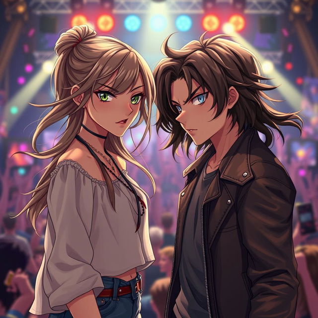 A dynamic scene in realistic anime style featuring a 19-year-old young woman with flowing light brown hair and a 20-year-old young man with dark, slightly tousled hair