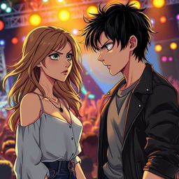 A dynamic scene in realistic anime style featuring a 19-year-old young woman with flowing light brown hair and a 20-year-old young man with dark, slightly tousled hair
