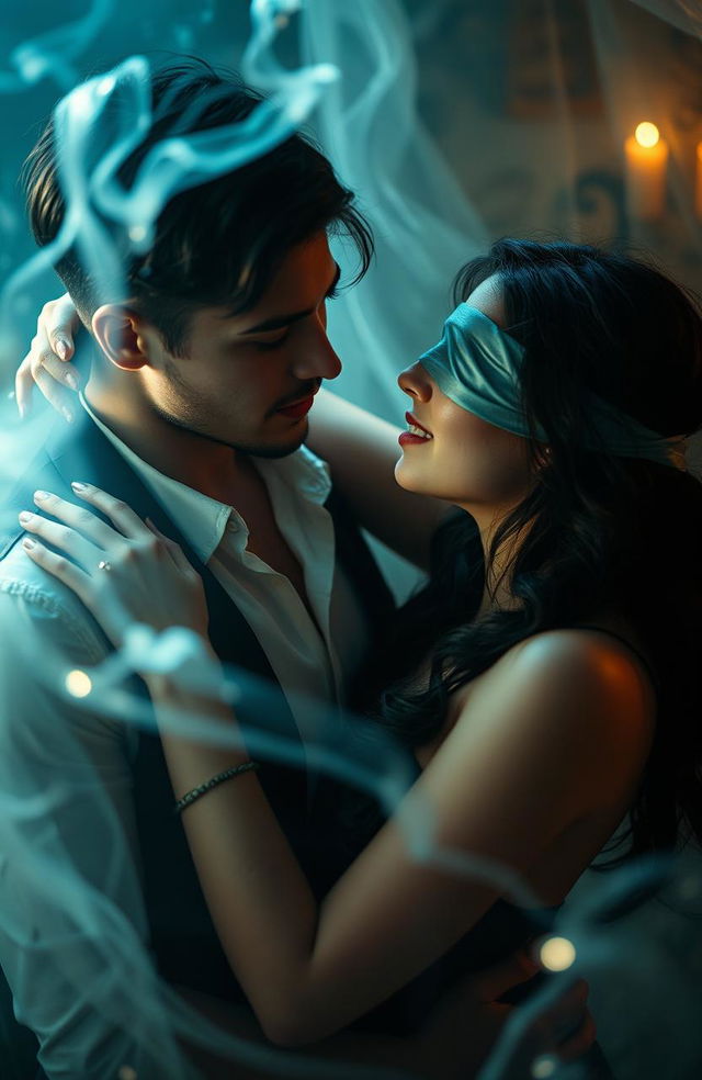 A captivating scene featuring a young woman and a man intertwined in an intense moment, the woman has her eyes blindfolded, symbolizing mystery and desire