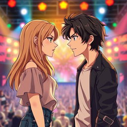 A realistic anime scene featuring a 19-year-old young woman with long, flowing light brown hair and a 20-year-old young man with slightly wavy dark hair
