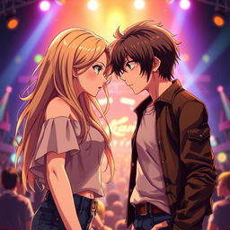 A realistic anime scene featuring a 19-year-old young woman with long, flowing light brown hair and a 20-year-old young man with slightly wavy dark hair