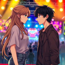 A realistic anime scene featuring a 19-year-old young woman with long, flowing light brown hair and a 20-year-old young man with slightly wavy dark hair