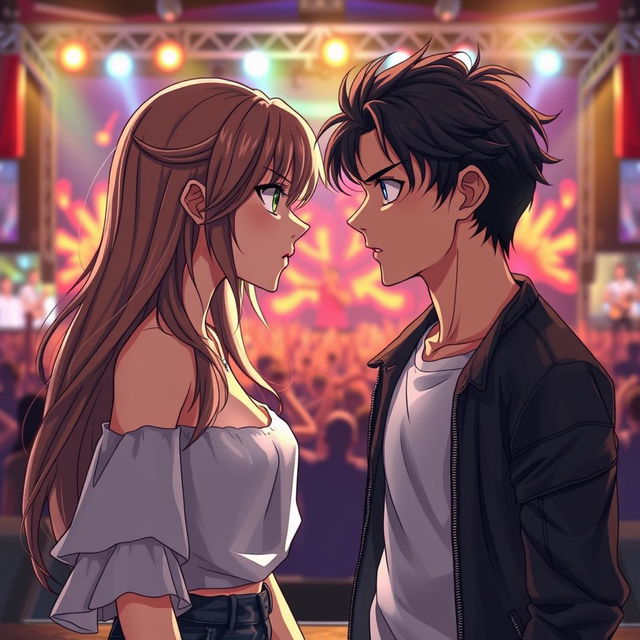 A realistic anime scene featuring a 19-year-old young woman with long, flowing light brown hair and a 20-year-old young man with slightly wavy dark hair