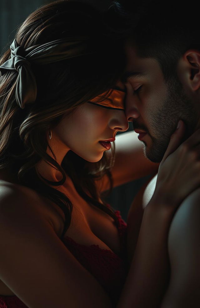 A passionate scene depicting a young woman with blindfolded eyes, showing a mix of desire and mystique, sharing an intense moment with a man