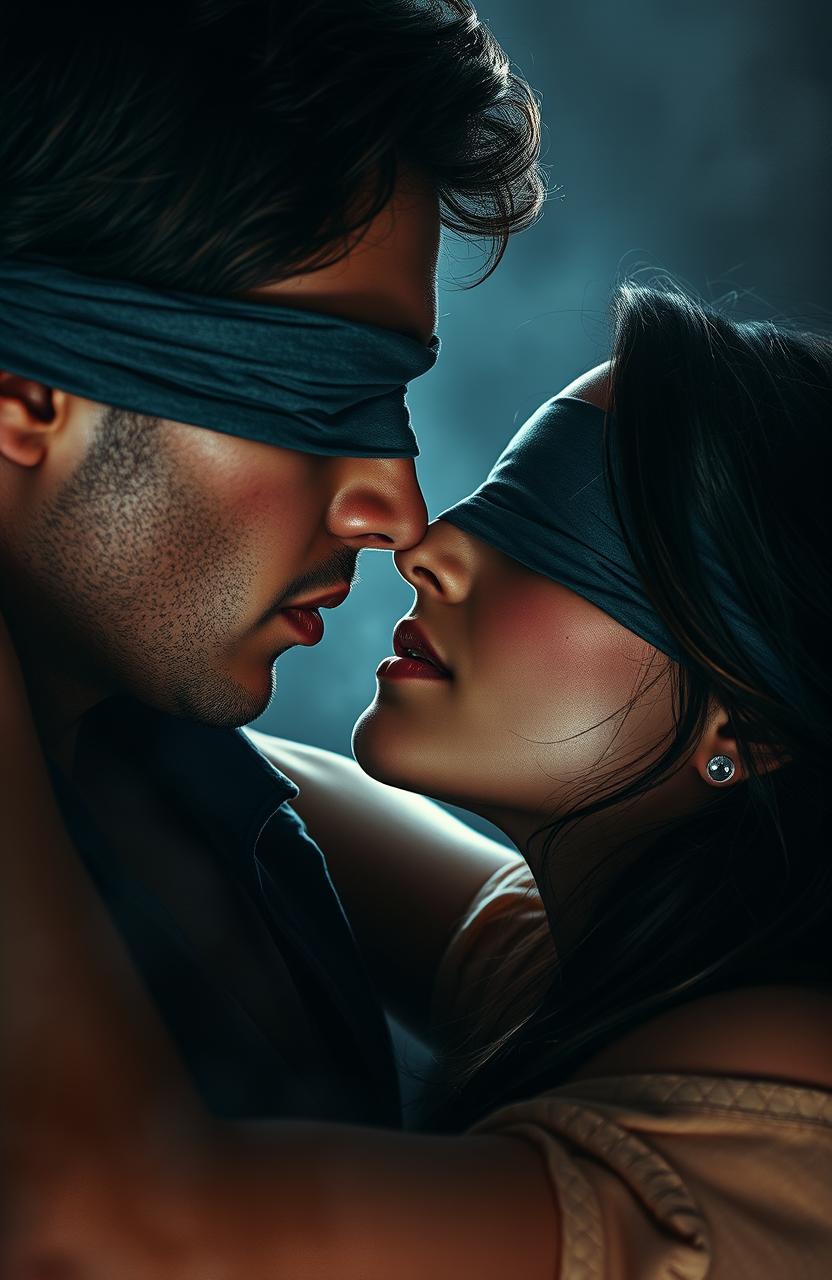 A passionate scene depicting a young woman with blindfolded eyes, showing a mix of desire and mystique, sharing an intense moment with a man