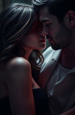 A passionate scene depicting a young woman with blindfolded eyes, showing a mix of desire and mystique, sharing an intense moment with a man