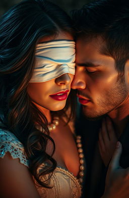 A passionate scene depicting a young woman with blindfolded eyes, showing a mix of desire and mystique, sharing an intense moment with a man