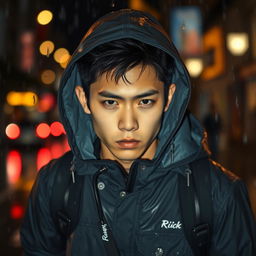 An image of a young Japanese man named Rick walking under the rain, showcasing a tense and determined expression on his face