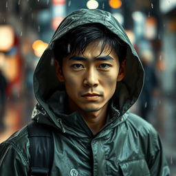 An image of a young Japanese man named Rick walking under the rain, showcasing a tense and determined expression on his face