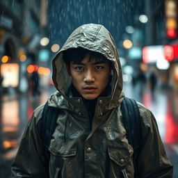 An image of a young Japanese man named Rick walking under the rain, showcasing a tense and determined expression on his face