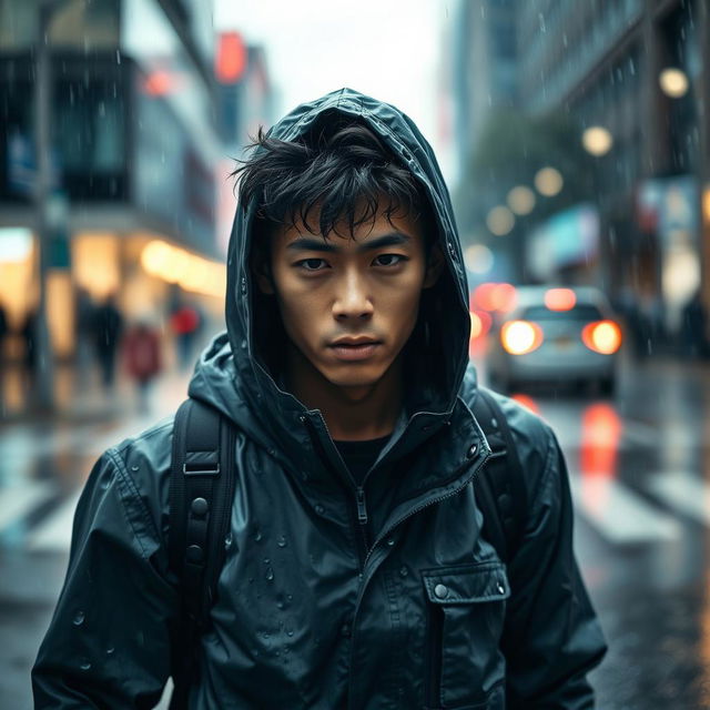 An image of a young Japanese man named Rick walking under the rain, showcasing a tense and determined expression on his face