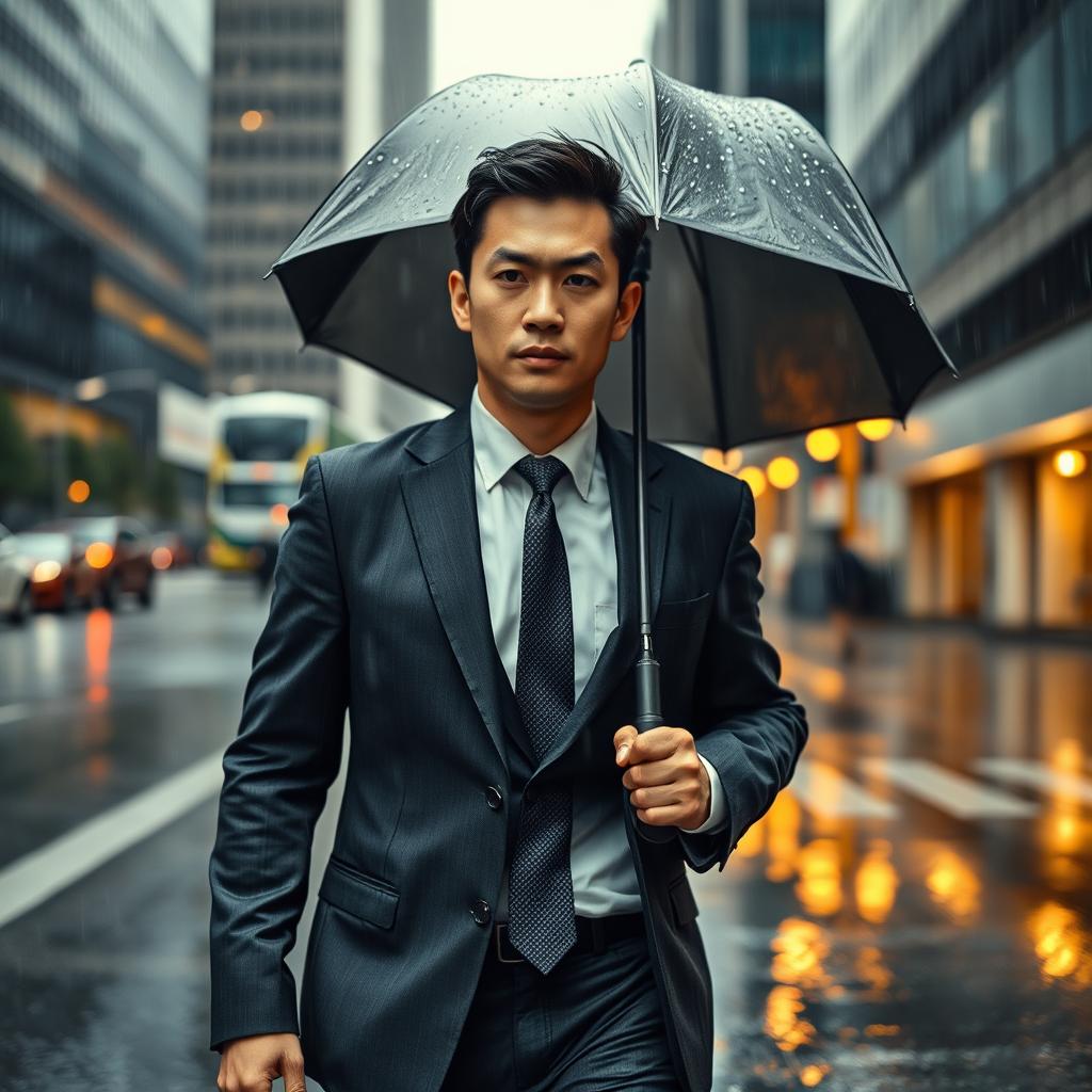 An image of a young Japanese businessman named Rick walking under the rain, with a tense and determined expression on his face