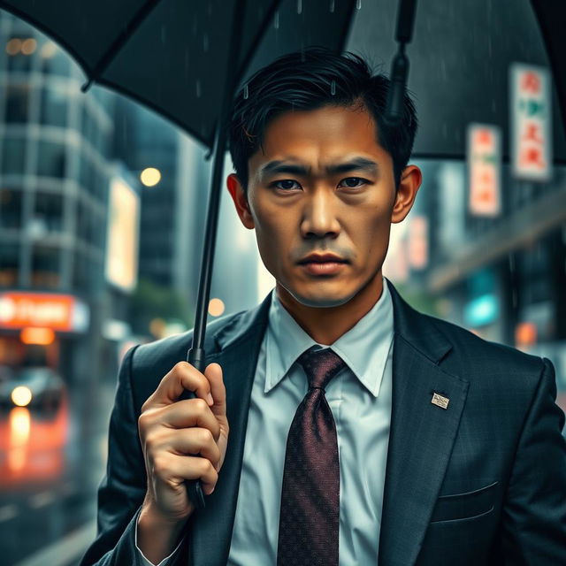 An image of a young Japanese businessman named Rick walking under the rain, with a tense and determined expression on his face