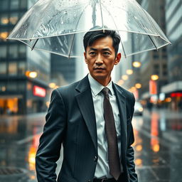 An image of a young Japanese businessman named Rick walking under the rain, with a tense and determined expression on his face