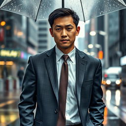 An image of a young Japanese businessman named Rick walking under the rain, with a tense and determined expression on his face
