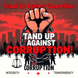 A vibrant anti-corruption poster showcasing a large, stylized fist breaking through chains, symbolizing the fight against corruption