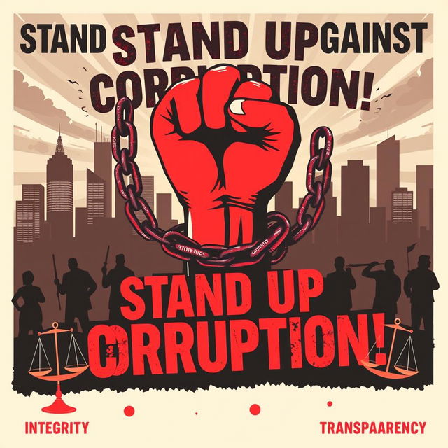 A vibrant anti-corruption poster showcasing a large, stylized fist breaking through chains, symbolizing the fight against corruption