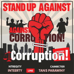 A vibrant anti-corruption poster showcasing a large, stylized fist breaking through chains, symbolizing the fight against corruption