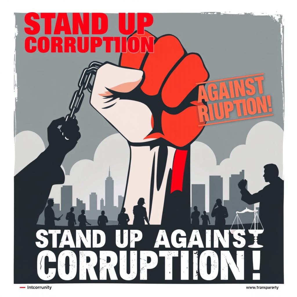 A vibrant anti-corruption poster showcasing a large, stylized fist breaking through chains, symbolizing the fight against corruption