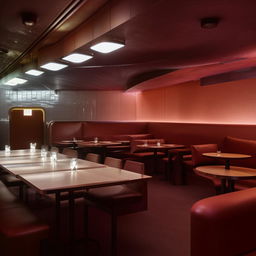 Dimly lit, futuristic restaurant with six dining tables and a sofa to the left of the door. A counter can be found on the right and a door directly ahead.