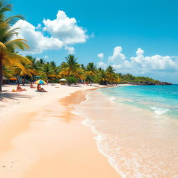 A stunning beach with crystal clear blue sea water gently lapping at the shore, soft golden sand glistening in the sunlight, scattered seashells, and palm trees swaying in the gentle breeze