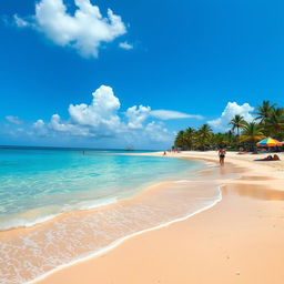 A stunning beach with crystal clear blue sea water gently lapping at the shore, soft golden sand glistening in the sunlight, scattered seashells, and palm trees swaying in the gentle breeze