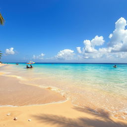 A stunning beach with crystal clear blue sea water gently lapping at the shore, soft golden sand glistening in the sunlight, scattered seashells, and palm trees swaying in the gentle breeze